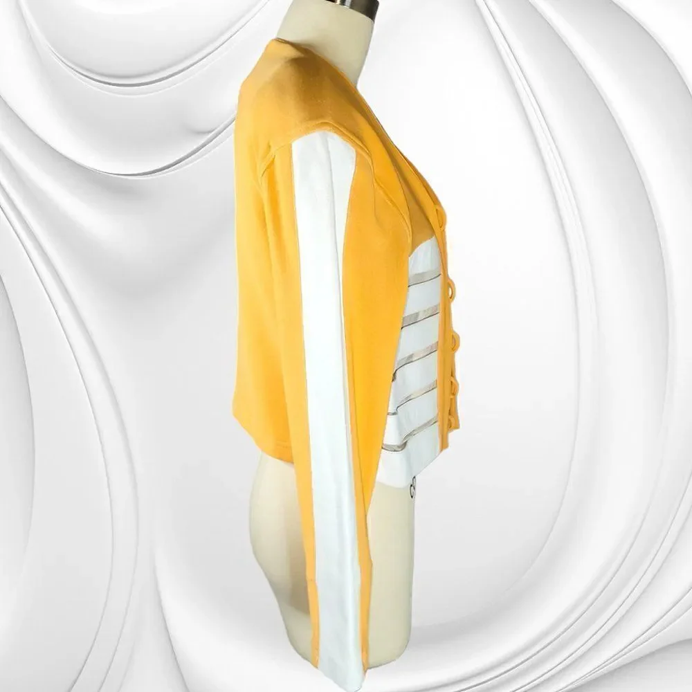 Andrea Isabella orange white leather sheer panel jumpsuit jacket set - Picture 5 of 9